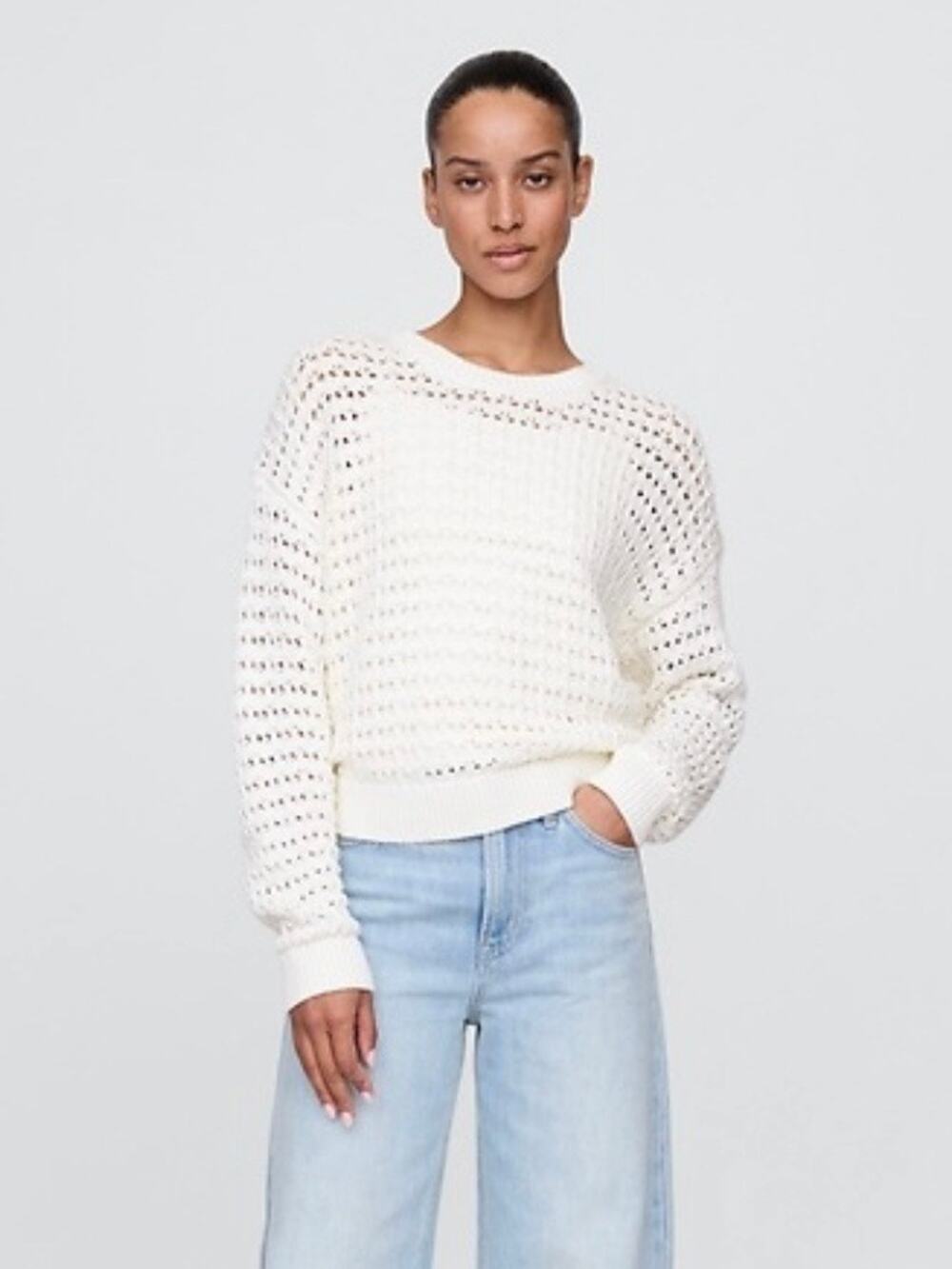Gap Cotton Crochet Crewneck Sweater Off White Small
